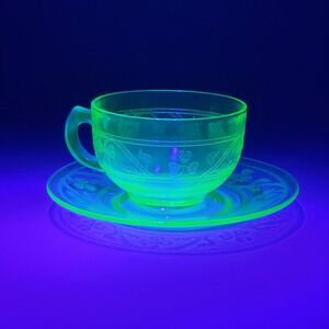 Hazel-Atlas Cloverleaf Green Uranium Depression Glass Tea Cup and Saucer Set